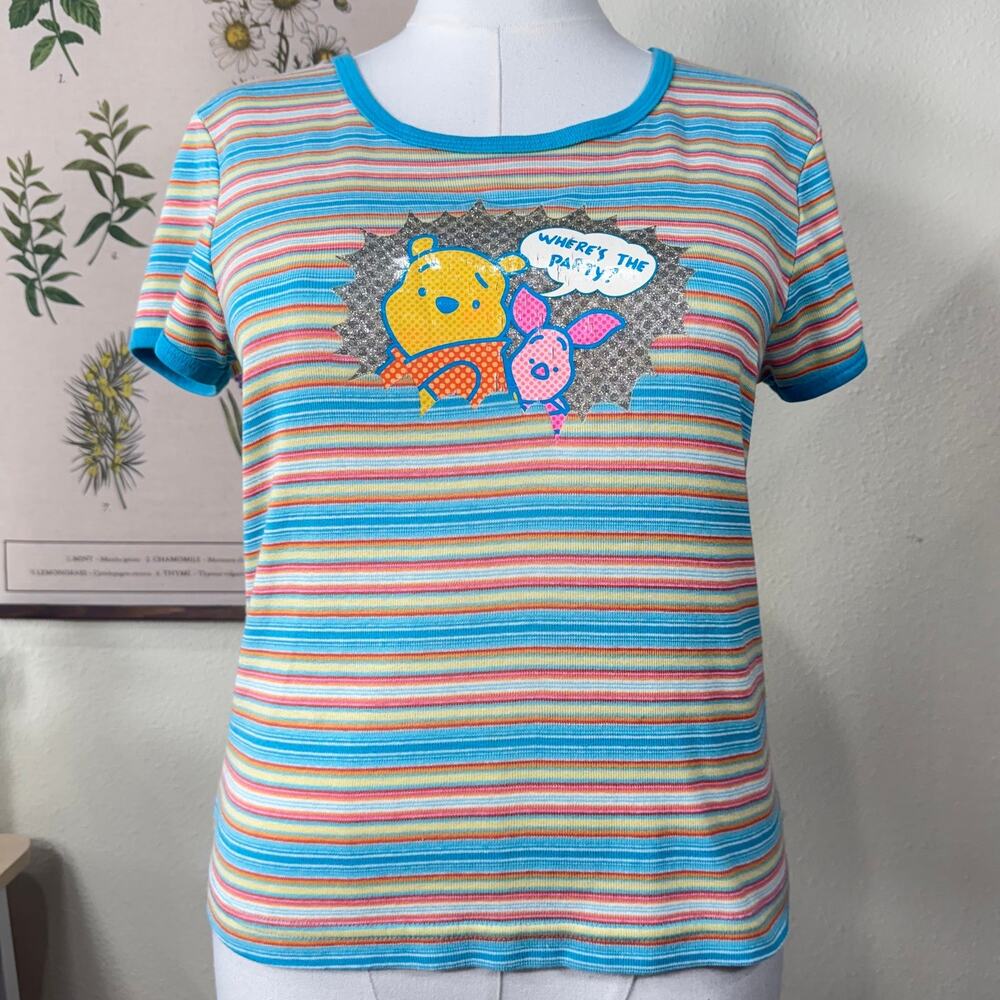 Vintage 90s Y2k Winnie the Pooh Piglet Striped Vinyl Glitter Graphic Baby Tee L